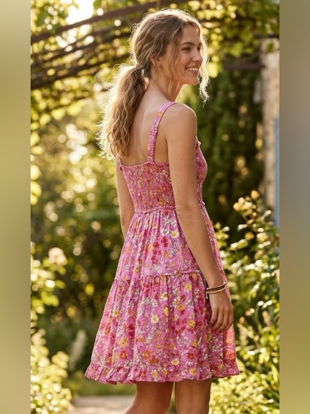 Japna Charming Pink Floral Smocked Sundress Size S